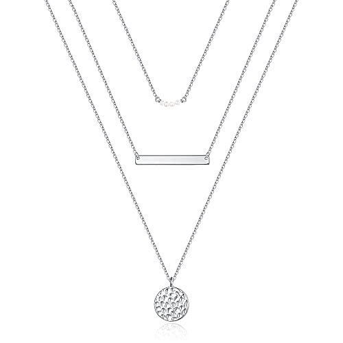 Turandoss Layered Silver Necklaces, 14K White Gold Silver Multi Layered Chain Necklace for Women Silver Jewelry