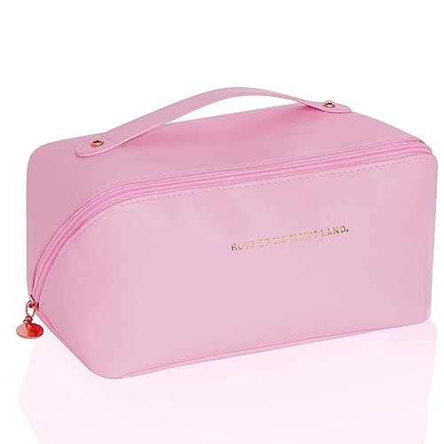 Large Capacity Travel Cosmetic Bag, Multifunctional Leather Makeup Bag, Waterproof Cosmetic Bag with Handle and Divider, Cosmetic Organizer Bag for Wome (Pink)