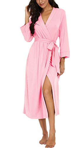 VINTATRE Women Kimono Robes Long Knit Bathrobe Lightweight Soft Knit Sleepwear V-neck Casual Ladies Loungewear Pink-Medium