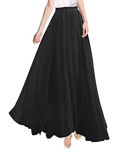 v28 Women Full/Ankle Length Flowy Elastic Retro High Waisted Long Chiffon Maxi Skirt (M,Black)