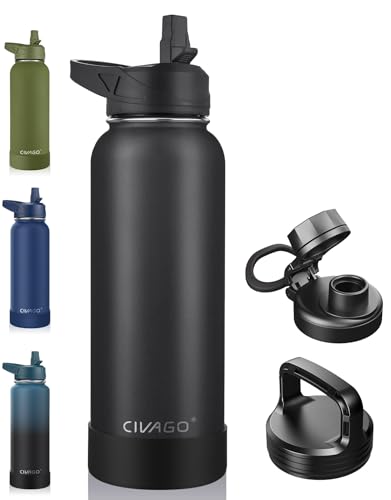 CIVAGO 40 oz Insulated Water Bottle With Straw, Stainless Steel Sports Water Cup Flask with 3 Lids (Straw, Spout and Handle Lid), Double Walled Travel Thermal Canteen Mug, Midnight Black