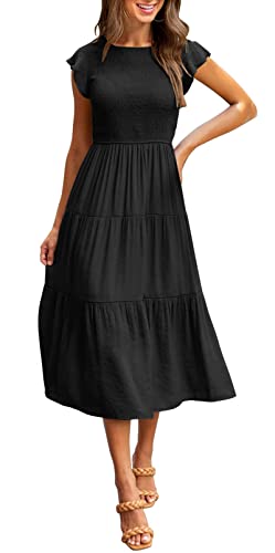 MEROKEETY Women's Summer Smocked Midi Dress Flutter Sleeve Elastic Waist Tiered Midi Long Dress,Black,M