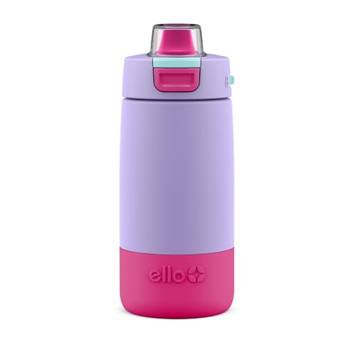 Ello Kids Colby 12oz Stainless Steel Insulated Water Bottle with Straw and Built-In Silicone Coaster Carrying Handle and Leak-Proof Locking Lid for School Backpack, Lunchbox, and Outdoor Sports, Lilac