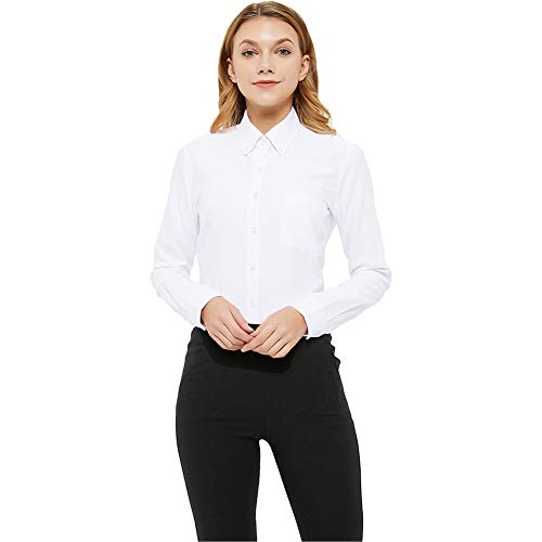 MGWDT White Button Down Shirt Women Long Sleeve Blouse Oxford Shirt Classic-Fit Cotton Tops Wrinkle Resistant Large