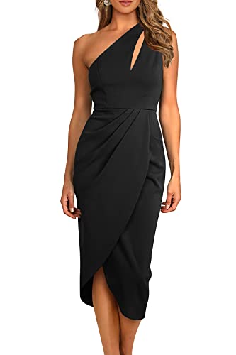 PRETTYGARDEN Women's One Shoulder Ruched Bodycon Dress 2024 Summer Cutout Slit Wrap Party Cocktail Midi Dresses (Black,Medium)