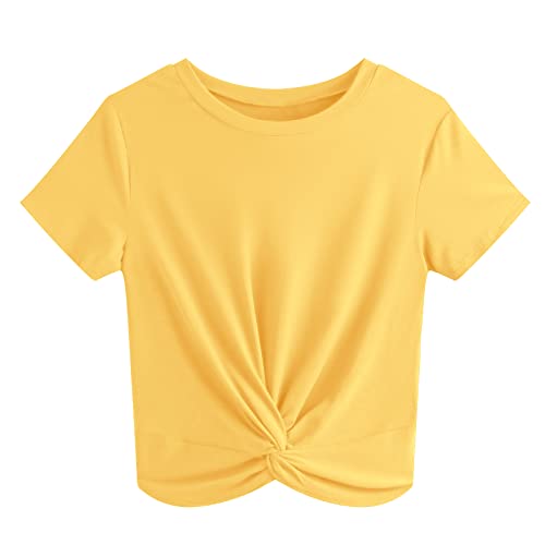 JINKESI Women's Summer Causal Short Sleeve Blouse Round Neck Crop Tops Twist Front Tee T-Shirt Yellow-Small