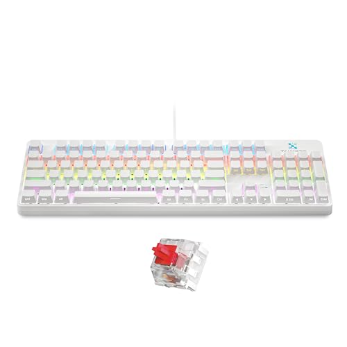White Mechanical Gaming Keyboard with Side Engraved Keycaps, 104-Key Full Size RGB Backlit Keyboard, Quiet Red Switch, Full Anti-Ghosting, Wired Ergonomic Computer Keyboard for PC Laptop Mac Gamer