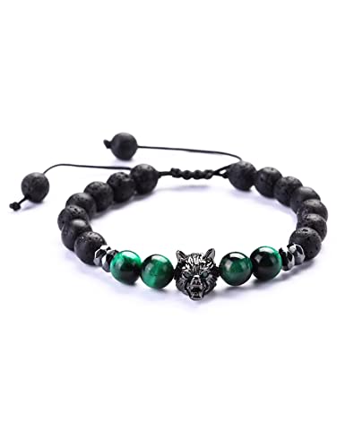 CEYIYA Viking Wolf Head Bracelet - Lava Rock Wolf Bracelet for Men - Anti Anxiety Energy Stone Beaded Bracelet