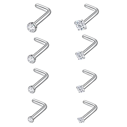 Lucktree 8PCS Nose Studs, Surgical Steel Nose Stud 20 Gauge, Nose Piercing, L Shaped Body Jewelry for Women Men Girls, Silver, CZ Diamond 1.5mm 2mm 2.5mm 3mm