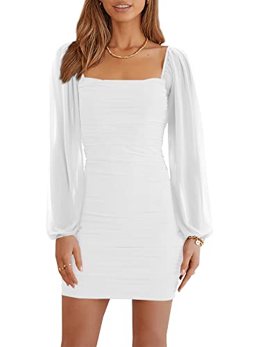 Wenrine Women's Mesh Long Sleeve Square Neck Ruched Party Club Cocktail Bodycon Mini Dress White