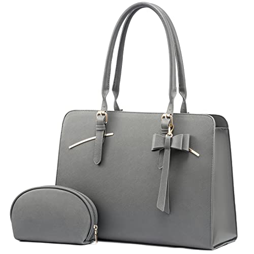 LOVEVOOK Laptop Tote Bag for Women, Waterproof Leather Work Computer Satchel Bags 15.6 Inch Briefcase Bag with USB Charging Port Office Shoulder Messenger Purse 2pcs Set, Grey