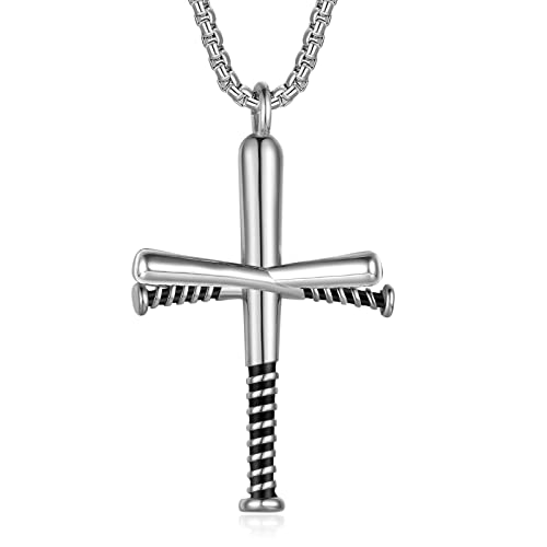 HattiDoris Baseball Corss Necklace for Boys Personalized Baseball Bat Charm Pendant Stainless Steel Chain 22inch Baseball Jewelry Gift for Men(A-Silver)