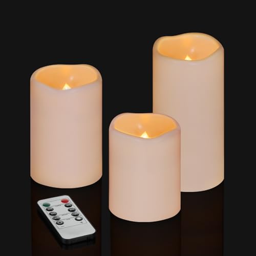 Artmarry Flameless Candles 4' 5' 6' Set of 3 Ivory Outdoor Indoor Pillars 3' Diameter Battery Operated Flickering Candles Include 10-Key Remote Timer Function 400+ Hours by 2 AA Batteries