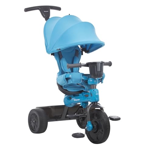 Joovy Tricycoo 4.1 Kids Tricycle with 4-Stages Featuring Extra-Wide Front Tire, Removable and Adjustable Parent Handle, Safety Harness, Machine-Washable Seat Pad, and Retractable Canopy (Blue)