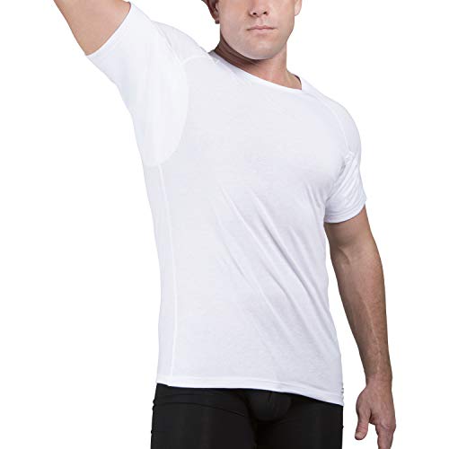 Sweatproof Undershirt Mens Cotton Crew w Sweat Pads, Silver Treated to Fight Embarrassing Body Odor & Yellow Armpit Stains, Aluminum Free Alternative to Antiperspirant, Regular Fit (Medium, White)