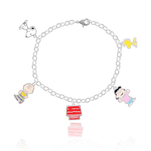 PEANUTS Womens Snoopy and Friends Charm Bracelet 7.5' Official License, Silver Plated Bracelet, Snoopy Gifts