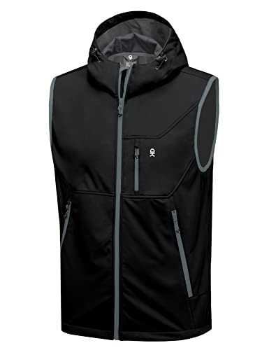 Little Donkey Andy Men's Lightweight Softshell Vest Hooded Windproof Sleeveless Jacket for Golf Travel Hiking Running Black L