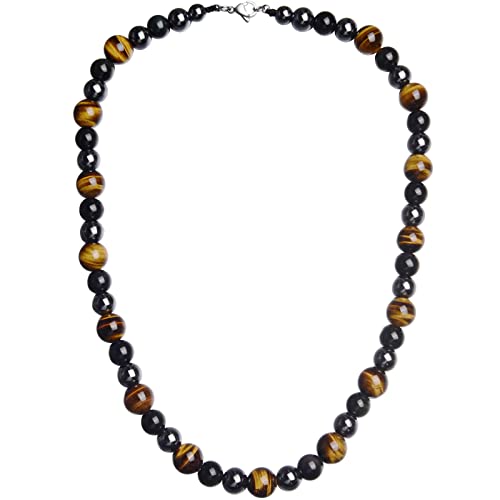 GENASTO Healing Crystal Black Obsidian Tiger Eye and Hematite Beads Necklace Triple Protection Necklace Unique Ideas Men Necklace Christmas Gifts for Men for Stress Relief and Balance