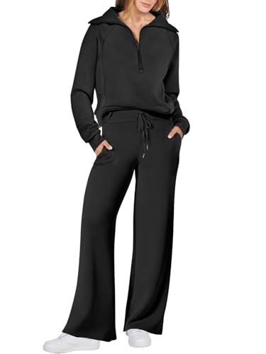 ANRABESS Women's 2 Piece Oversized Quarter Zip Sweatsuit Set - Fall 2023 Trendy Matching Sweatshirt & Wide Leg Sweatpants Lounge Set