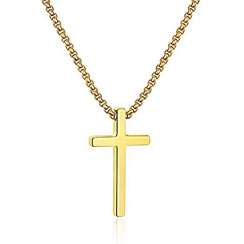 M MOOHAM Dainty Gold Stainless Steel Cross Pendant Necklaces for Men Women Pendant Chain 20 Inch Gold, Fathers Day Christian Jewelry for Women Men Dad Husband Grandpa