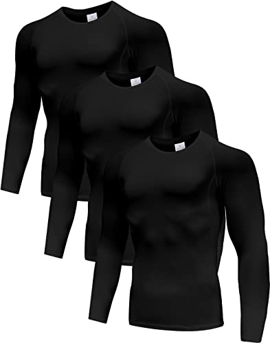 Men's (Pack of 3) Cool Dry Compression Long Sleeve Sports Baselayer T-Shirts Tops Black/Black/Black S