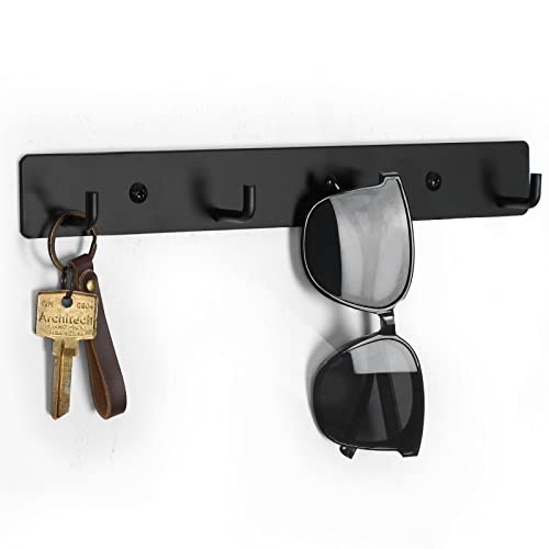 Lwenki Key Holder for Wall, Key Rack with 4 Key Hooks to Hang Keyrings, Dog Leash, Umbrella, Sunglasses – Key Hanger with Mounting Hardware for Glass, Tile and Wood (10.9” x 1.4” x 1.0”) (Black)