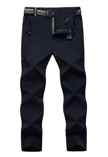 TBMPOY Men's Lightweight Hiking Pants with Belt 5 Zip Pockets Waterproof Quick-Dry Travel Fishing Work Outdoor Pants Thin Navy XL