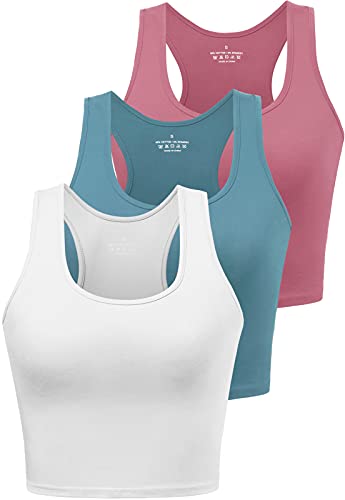 Porvike Sports Crop Tank Tops for Women Cropped Athletic Yoga Tops Racerback Running Tanks Cotton Workout Shirts Sleeveless Undershirts Exercise Gym Clothes 3 Pack Blue/White/Rose M