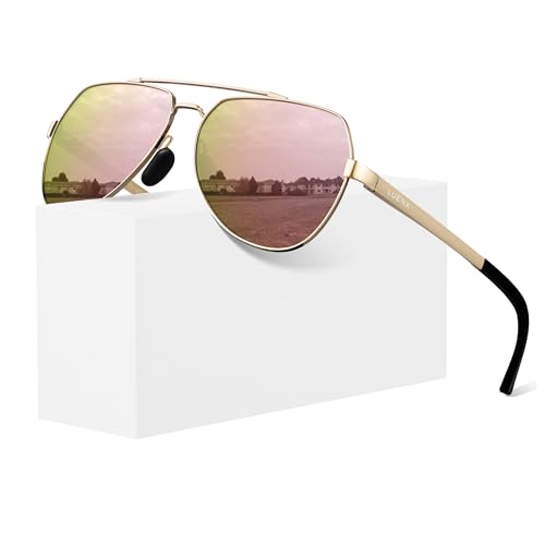 LUENX Women Aviator Sunglasses Polarized Shades Flexible Spring Hinge - Pink Mirror Lens Rose Gold Metal Frame 60mm