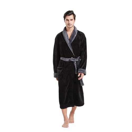 FashGudim Mens Robe Plush Robes for Men Warm Soft Fleece Bathrobe Calf Length Shawl Collar Short House Robes with Pockets (Black & Grey, XXL)