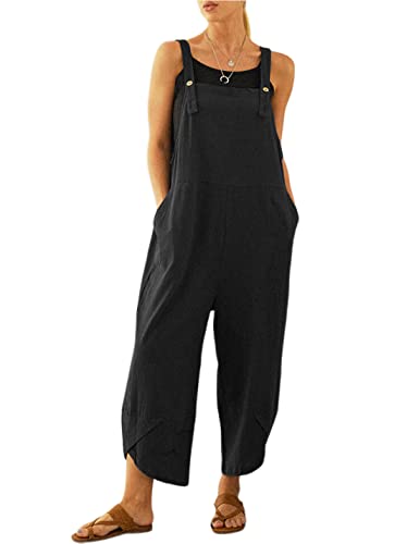 UANEO Womens Cotton Adjustable Casual Summer Bib Overalls Jumpsuits with Pockets (Black, Medium)