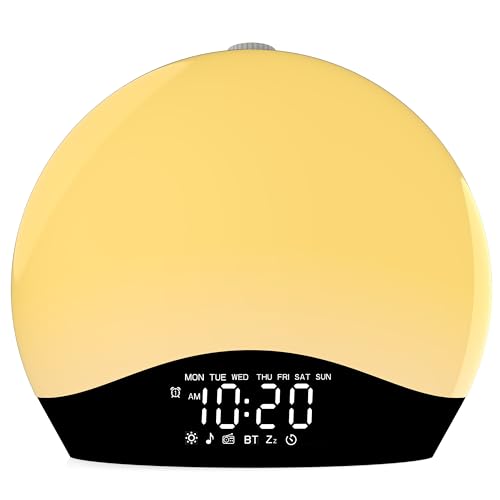Wake Up Light Sunrise Alarm Clock for Kids, Heavy Sleepers, Bedroom, Bluetooth Speaker Sound Machine with 22 Natural Sounds, White Noise, Dual Alarms, FM Radio, 17 Color Night Lights, Ideal for Gift