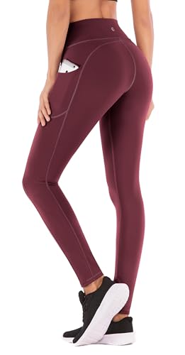 IUGA High Waist Yoga Pants with Pockets, Leggings for Women Tummy Control, Workout Leggings for Women 4 Way Stretch Maroon