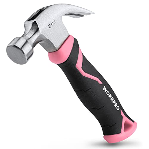 WORKPRO 8 oz Claw Hammer with Fiberglass Handle, All Purpose Hammer with Forged Hardened Steel Head, Smooth Face & Shock Reduction Grip - Pink Ribbon