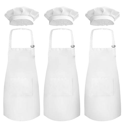Novelty Place Kid's Apron with Chef Hat Set (3 Set) - Skin-friendly Children’s Bib with Pocket - Cooking, Baking, Painting, Training Wear - Kid's Size (6-12 Year, White)
