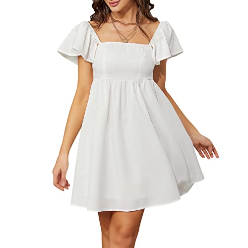 EXLURA Womens Square Neck Short Cap Sleeve Dress High Waist A-Line Casual Smocked Back Mini Dress White