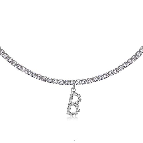Initial B Necklaces for Women 14K White Gold Plated Cubic Zirconia Choker Silver Tennis Chain Letter Necklace Gift