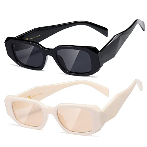 kimorn Rectangle Sunglasses for Women Men Trendy Retro Trendy Sun Glasses 90’s Vintage Square Frame K1307 (Black+Off-white Frame Grey Lens)