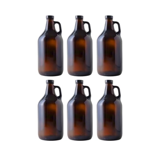 FastRack 1/2 Gallon Amber Growlers (Case of 6), 64oz, Brown with 6 Polyseal Caps
