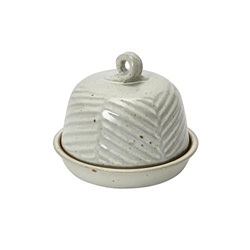 Creative Co-Op Embossed Stoneware Domed Dish with Handle, White Reactive Glaze Food Storage, 6' L x 6' W x 5' H, Multicolor