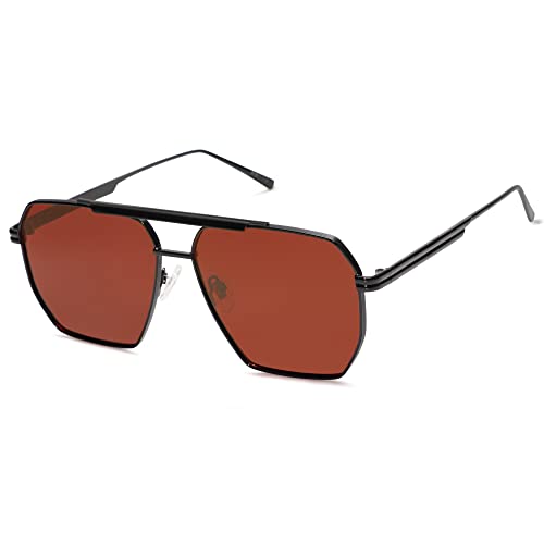 SOJOS Retro Oversized Square Polarized Sunglasses for Women Men Vintage Shades UV400 Classic Large Metal Sun Glasses SJ1161 with Black/Red Lens