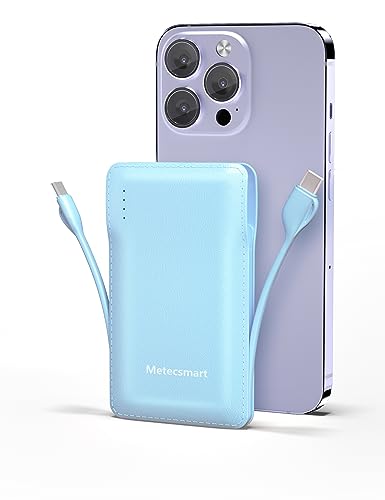 Metecsmart 10000mAh Portable Phone Charger with Built-in 2 Cables, Small Slim Mini Power Bank Fast Charging, USB-C In/Output External Battery Pack, Travel Essentials Compatible with Android/IOS Phones