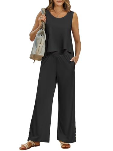 ANRABESS Women's Two Piece Outfits Summer Casual Sleeveless Tank Crop Tops High Waist Wide Leg Pants Travel Matching Sets Jumpsuit Beach Vacation Resort Wear Black 1378heise-L