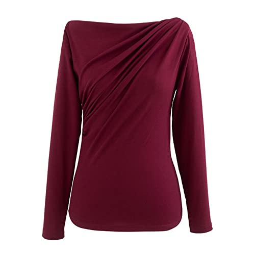 CHICWISH Women's Burgundy Boat Neck Ruched Long Sleeves Knit Top Sweater Pullover