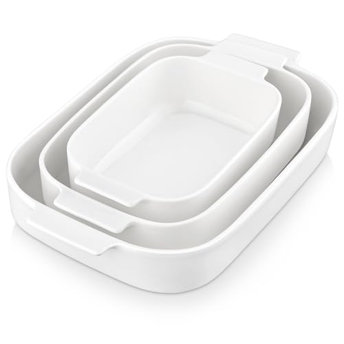 MALACASA Casserole Dishes for Oven, Porcelain Baking Dishes Set of 3, Durable Casserole Dish Set Lasagna Pan Deep, Ceramic Bakeware Sets with Handles, White (13.8''/11.7''/9.4''), Series Bake