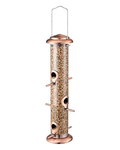 iBorn Metal Bird Feeders Brushed Copper Wild Bird Feeder for Outdoors Hanging All Metal Brushed Copper Finishing 14 Inch 6 Port(Seed is not Included)