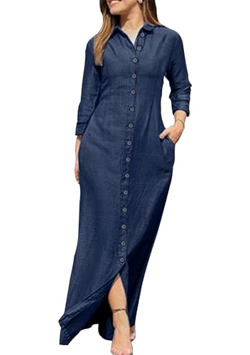 YMING Women's Sexy V Neck Long Sleeve Dress Loose Fit Maxi Dress Button Down Denim Shirt Dress Denim Dark Blue 2XL