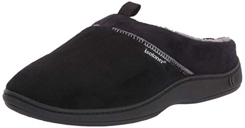 isotoner Men's Open Back Memory Foam Indoor / Outdoor Sole Slippers, Microterry Black, 11-12