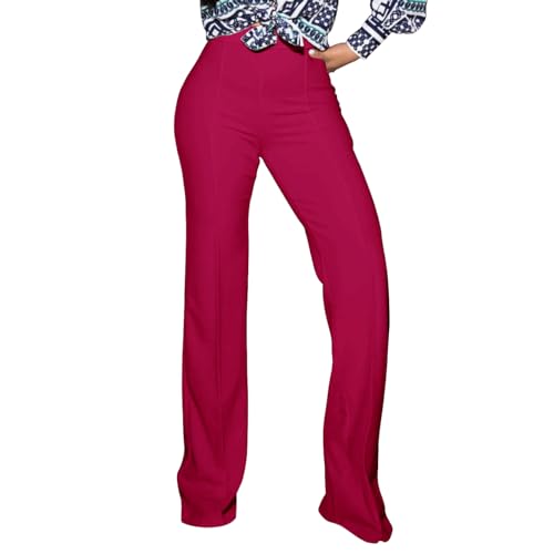 PINSV Women's High Waisted Stretchy Bootcut Pull On Dress Pants Casual Work Pants Rose Red L