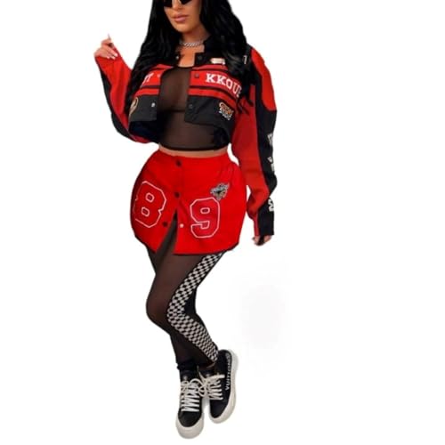 PRIVIMIX Women Varsity Jacket Detachable Skirt Set 2 Piece Motorcycle Biker Race Car Driver Costume Cropped Bomber Streetwear